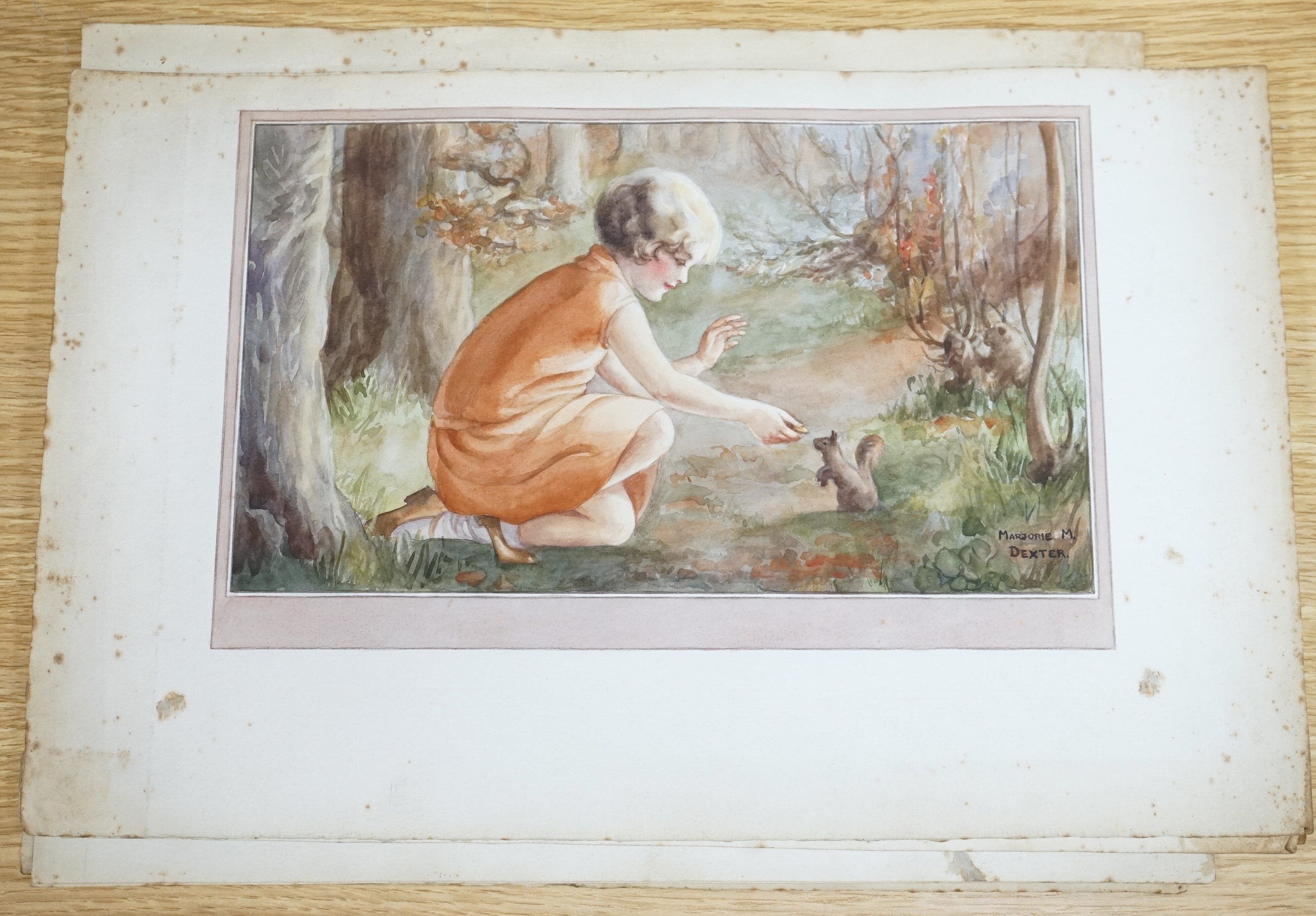 Marjorie Dexter (1903-1992), a set of five original watercolours for children's postcard artworks, Woodland Days, each signed, unframed, 39 x 25cm
